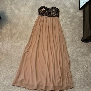 Rose gold strapless evening gown